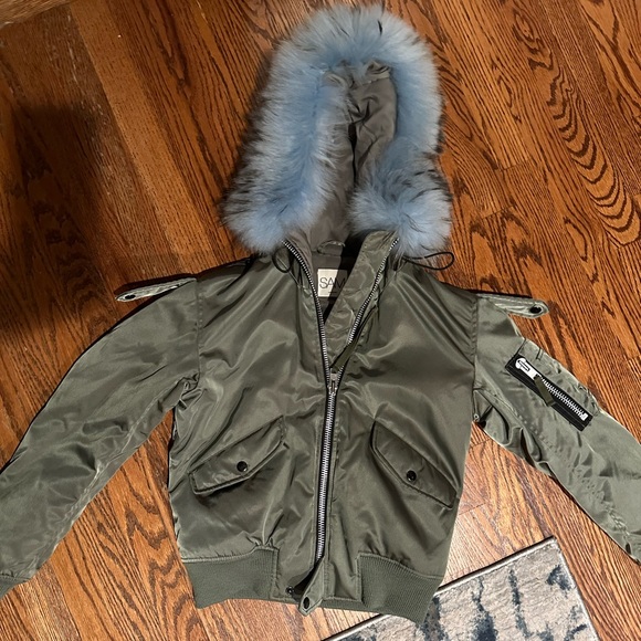SAM jacket green bomber size XS with blue faux fur hood - Picture 1 of 4